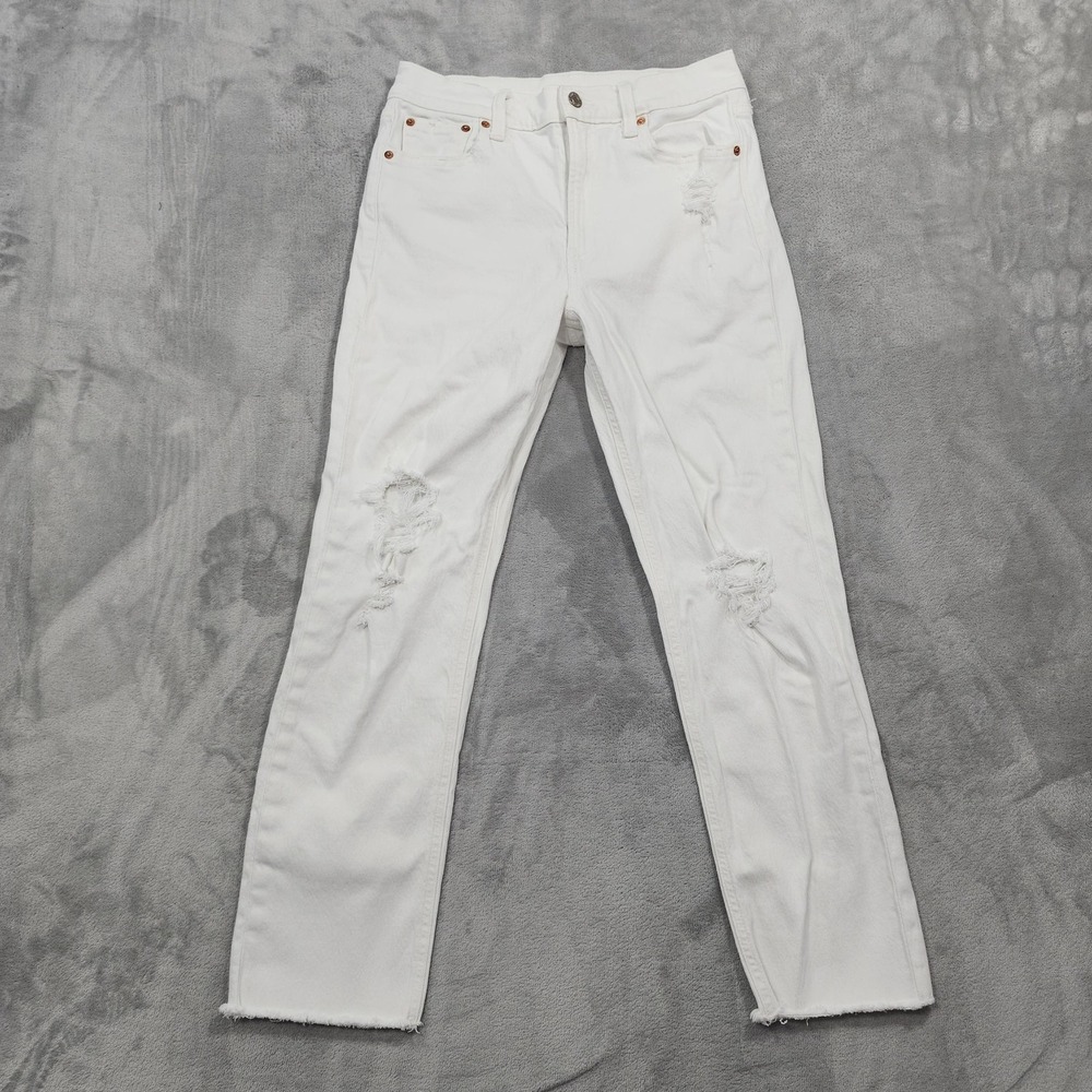 Gap Jeans Womens 6 White High Rise Cheeky Straight Distressed Raw Hem Denim